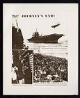 Newspaper photos from Sept 14th (3 on page) titled: "Journey's End." Shows USS Saratoga coming into San Francisco Bay with Navy blimp above, men with a list of Targets Hit, and navy veterans packing the deck of the Sara (1945) 